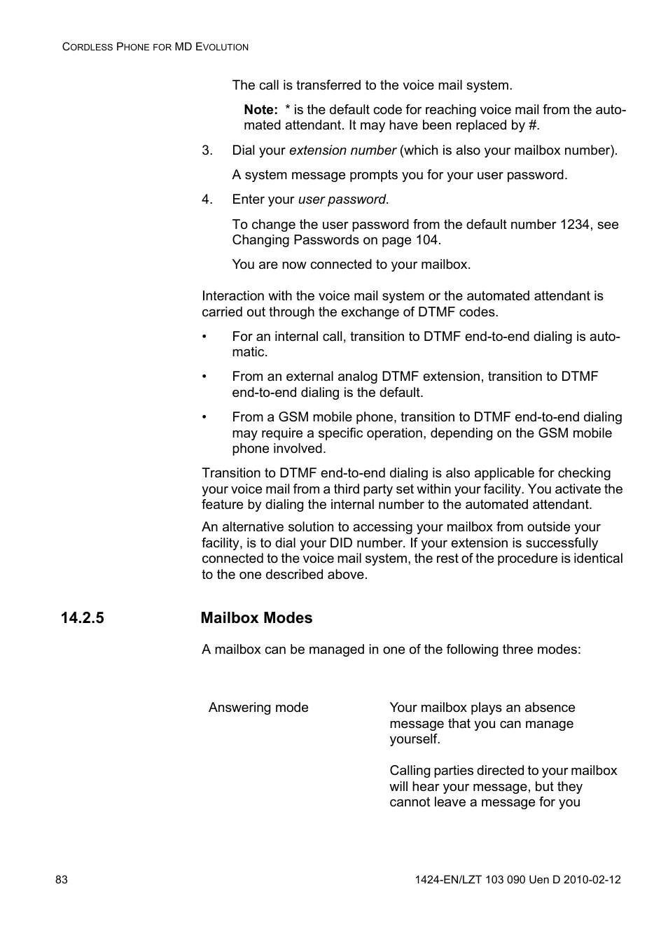 Enter your user password, 5 mailbox modes | AASTRA DT692 Cordless for MXONE Quick Reference Guide EN User Manual | Page 83 / 142