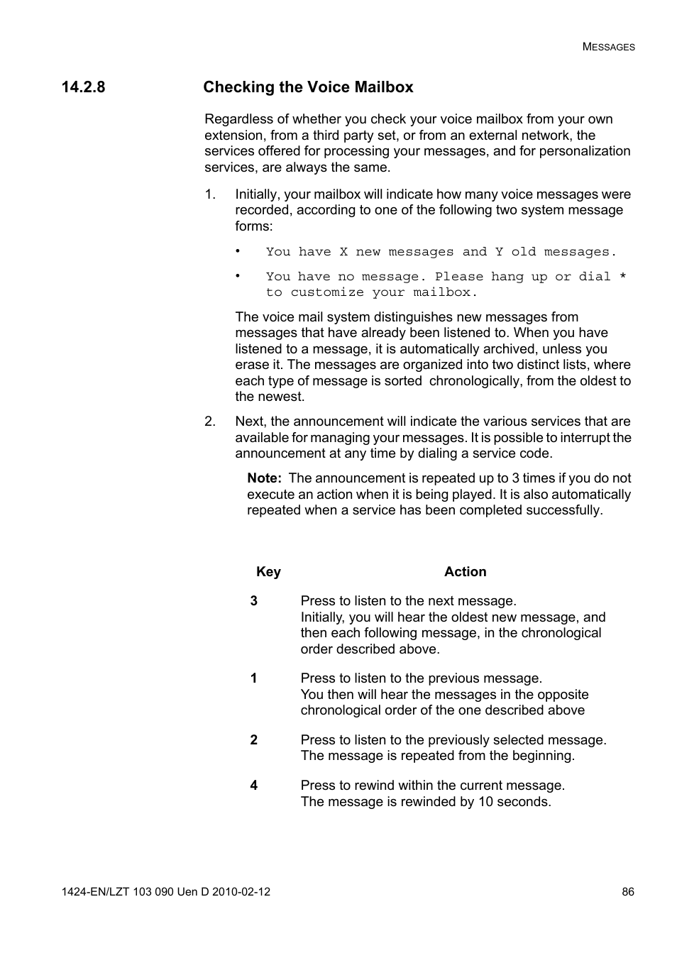 8 checking the voice mailbox | AASTRA DT692 Cordless for MXONE Quick Reference Guide EN User Manual | Page 86 / 142