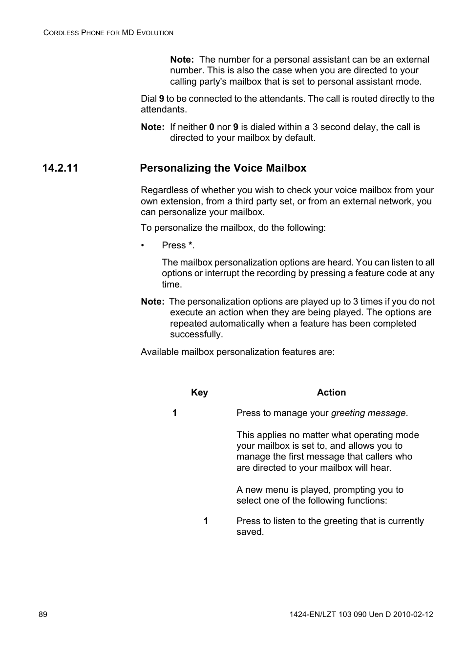 11 personalizing the voice mailbox | AASTRA DT692 Cordless for MXONE Quick Reference Guide EN User Manual | Page 89 / 142