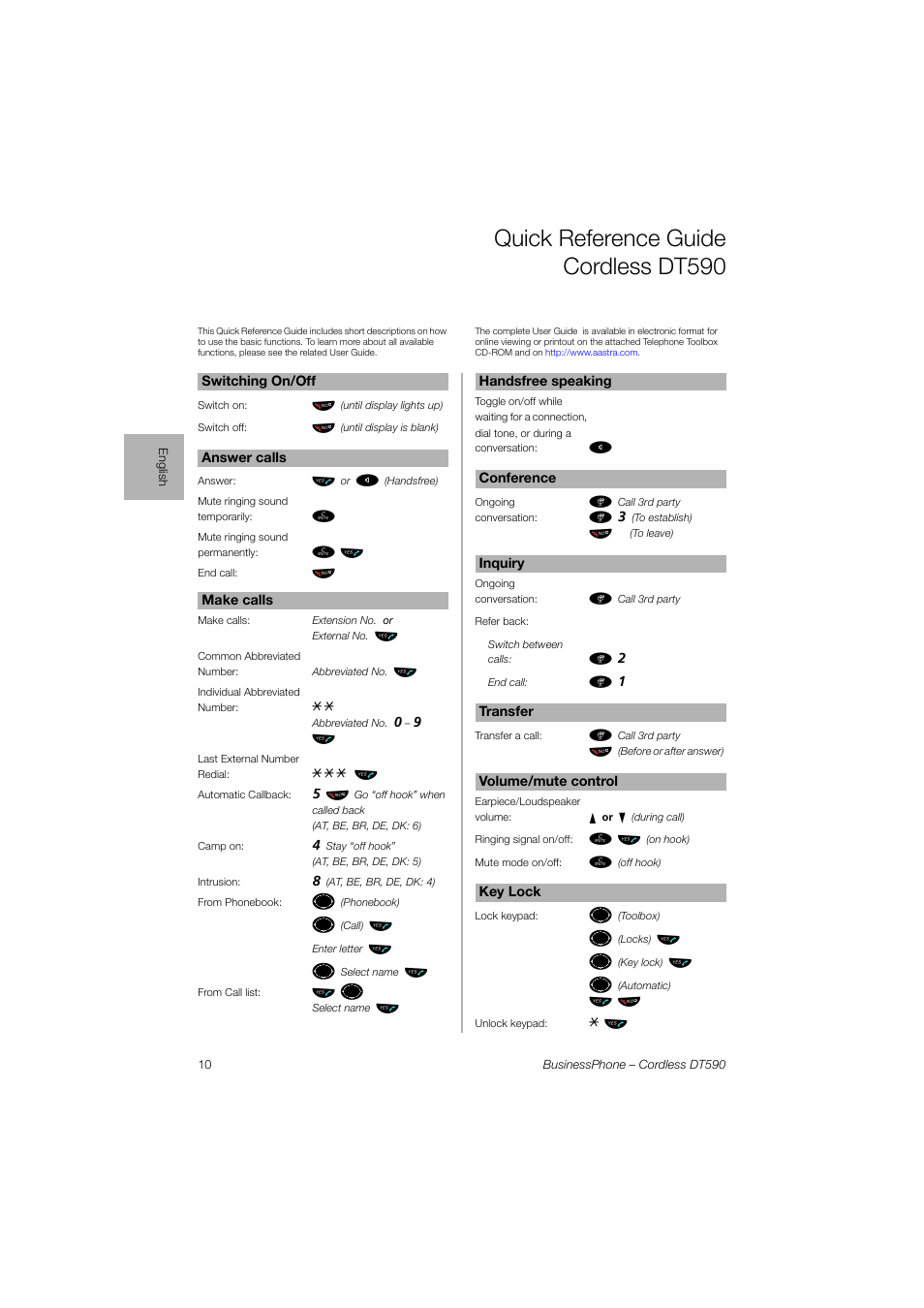 Quick reference guide cordlessdt590, Quick reference guide cordless dt590, Ьы º | Ь ь ы, Ьы ъ щ | AASTRA DT590 for BusinessPhone User Guide User Manual | Page 10 / 40