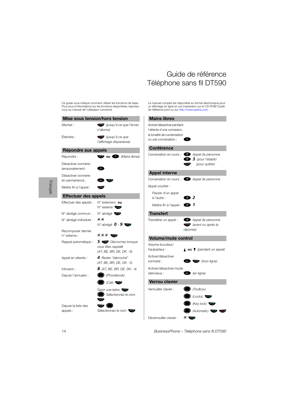 Guide de référence téléphone sans fildt590, Guide de référence téléphone sans fil dt590, Ьы º | Ь ь ы, Ьы ъ щ | AASTRA DT590 for BusinessPhone User Guide User Manual | Page 14 / 40