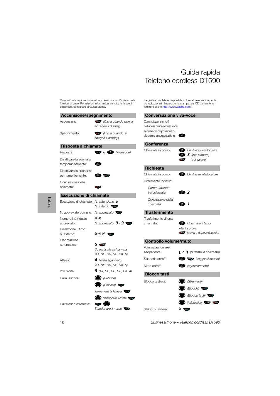 Guida rapida telefono cordlessdt590, Guida rapida telefono cordless dt590, Ьы º | Ь ь ы, Ьы ъ щ | AASTRA DT590 for BusinessPhone User Guide User Manual | Page 16 / 40