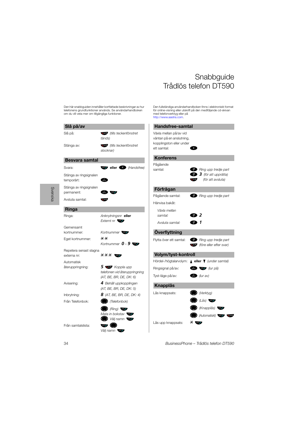 Snabbguide trådlös telefondt590, Snabbguide trådlös telefon dt590, Ьы º | Ь ь ы, Ьы ъ щ | AASTRA DT590 for BusinessPhone User Guide User Manual | Page 34 / 40