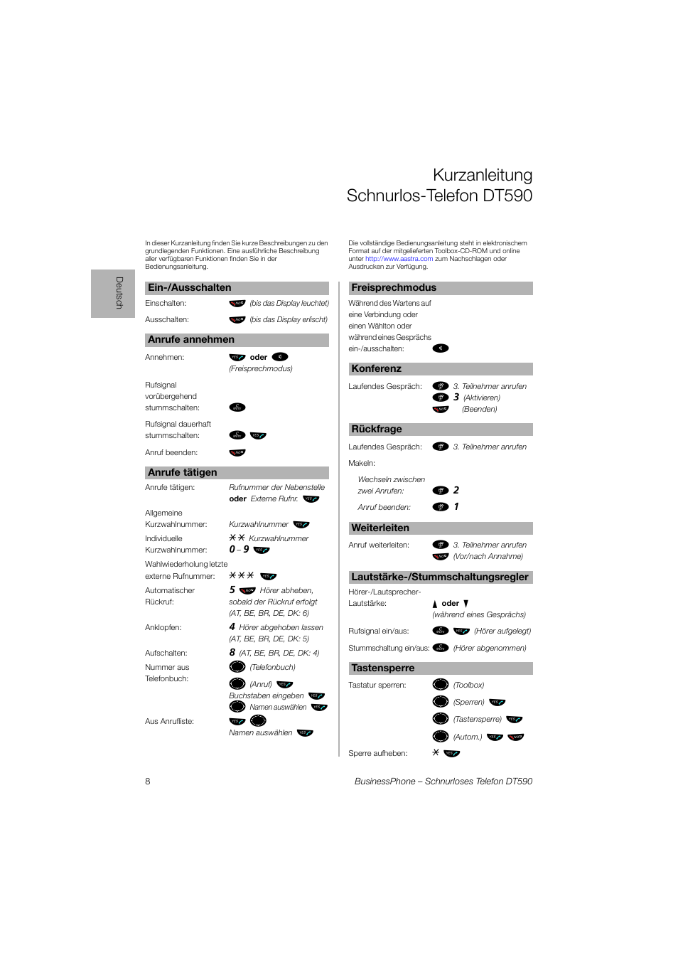 Kurzanleitung schnurlos-telefondt590, Kurzanleitung schnurlos-telefon dt590, Ьы º | Ь ь ы, Ьы ъ щ | AASTRA DT590 for BusinessPhone User Guide User Manual | Page 8 / 40