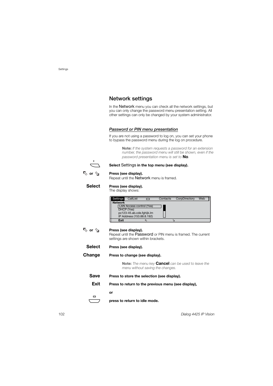 Network settings | AASTRA 4425 IP Vision (SIP) for MX-ONE User Guide User Manual | Page 101 / 134