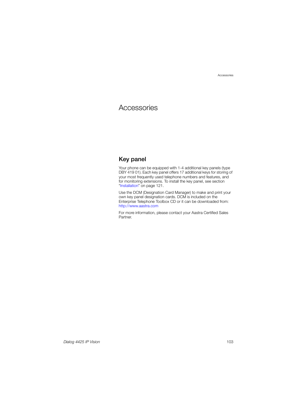 Accessories, Key panel | AASTRA 4425 IP Vision (SIP) for MX-ONE User Guide User Manual | Page 102 / 134