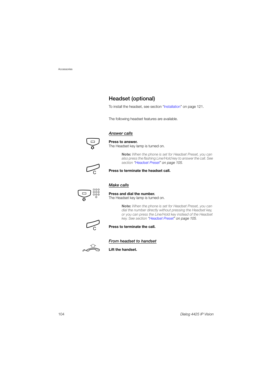 Headset (optional) | AASTRA 4425 IP Vision (SIP) for MX-ONE User Guide User Manual | Page 103 / 134