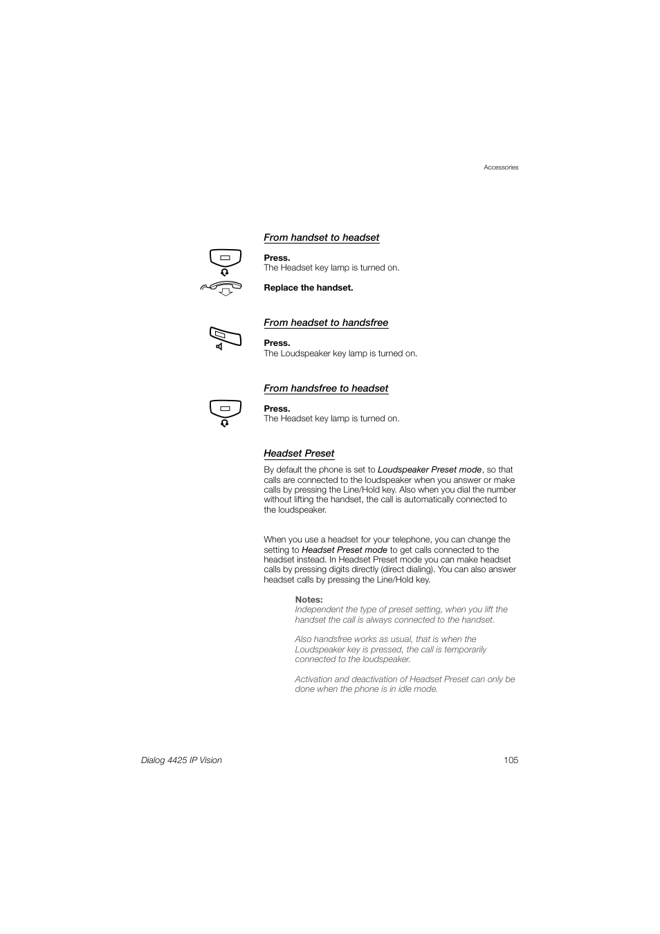 Headset preset, Ction | AASTRA 4425 IP Vision (SIP) for MX-ONE User Guide User Manual | Page 104 / 134