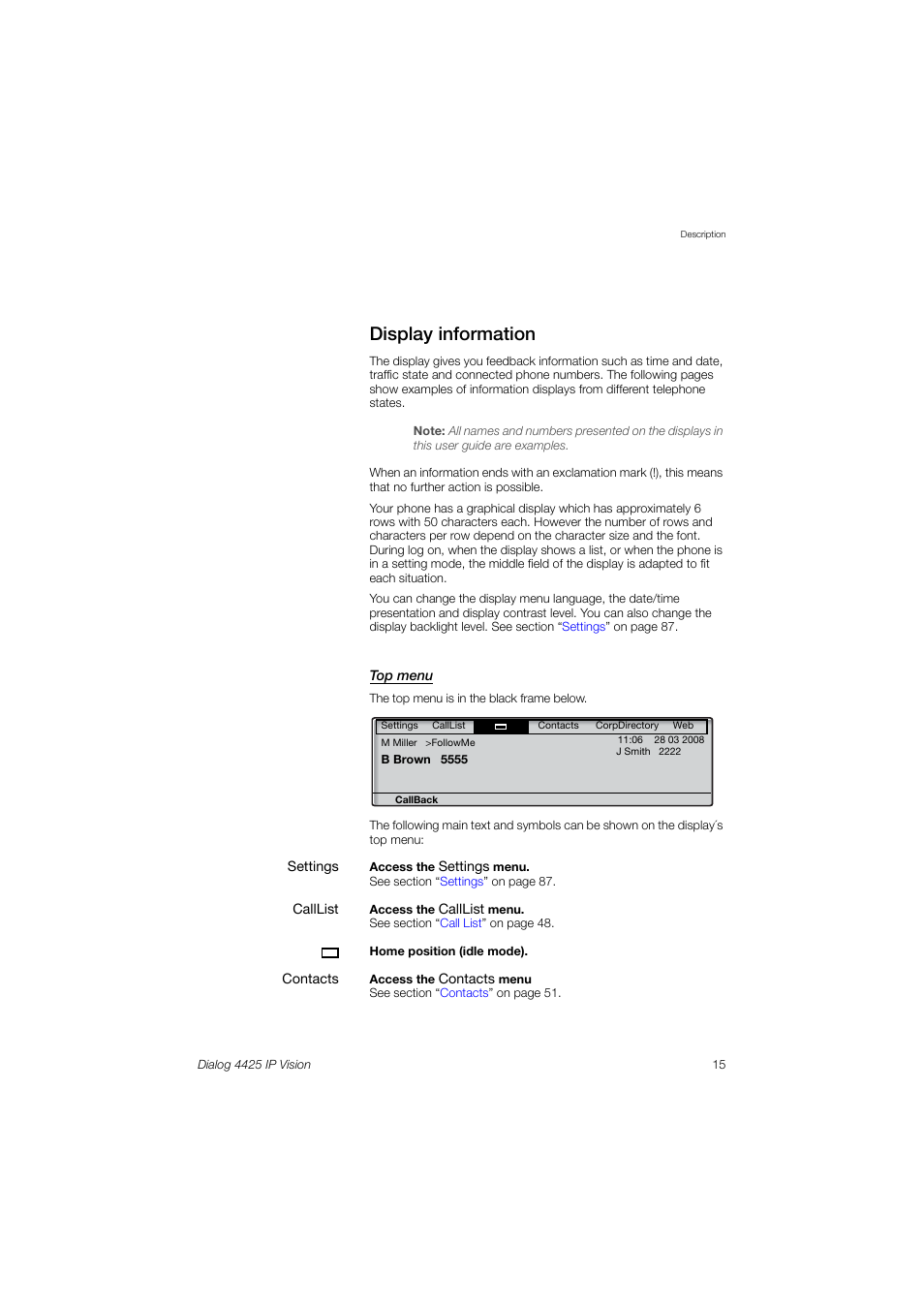 Display information, Ection | AASTRA 4425 IP Vision (SIP) for MX-ONE User Guide User Manual | Page 14 / 134
