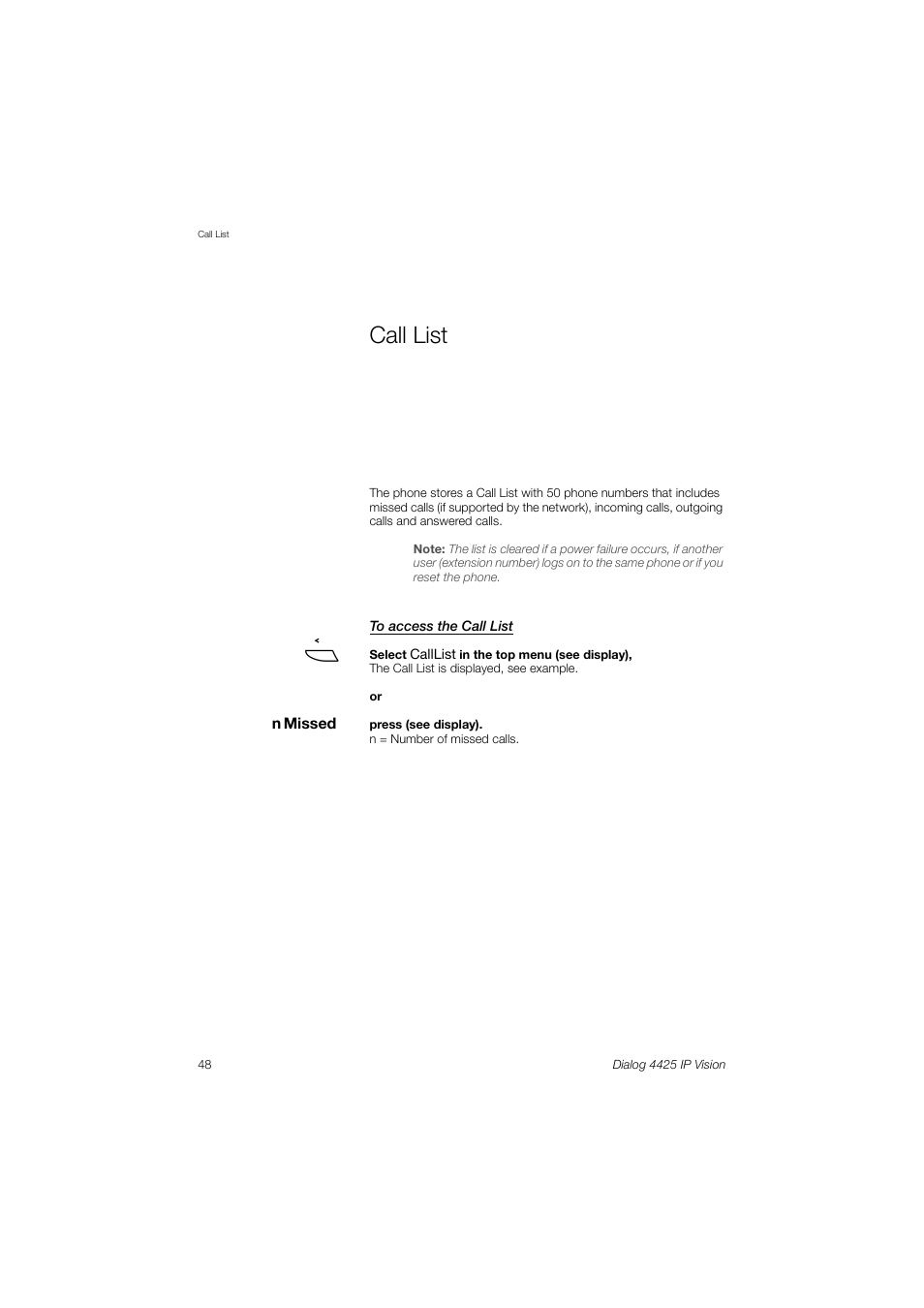 Call list | AASTRA 4425 IP Vision (SIP) for MX-ONE User Guide User Manual | Page 47 / 134