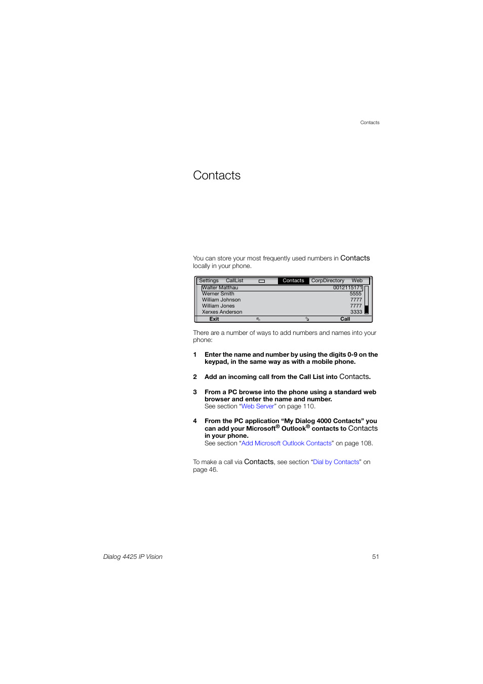 Contacts, Ction | AASTRA 4425 IP Vision (SIP) for MX-ONE User Guide User Manual | Page 50 / 134