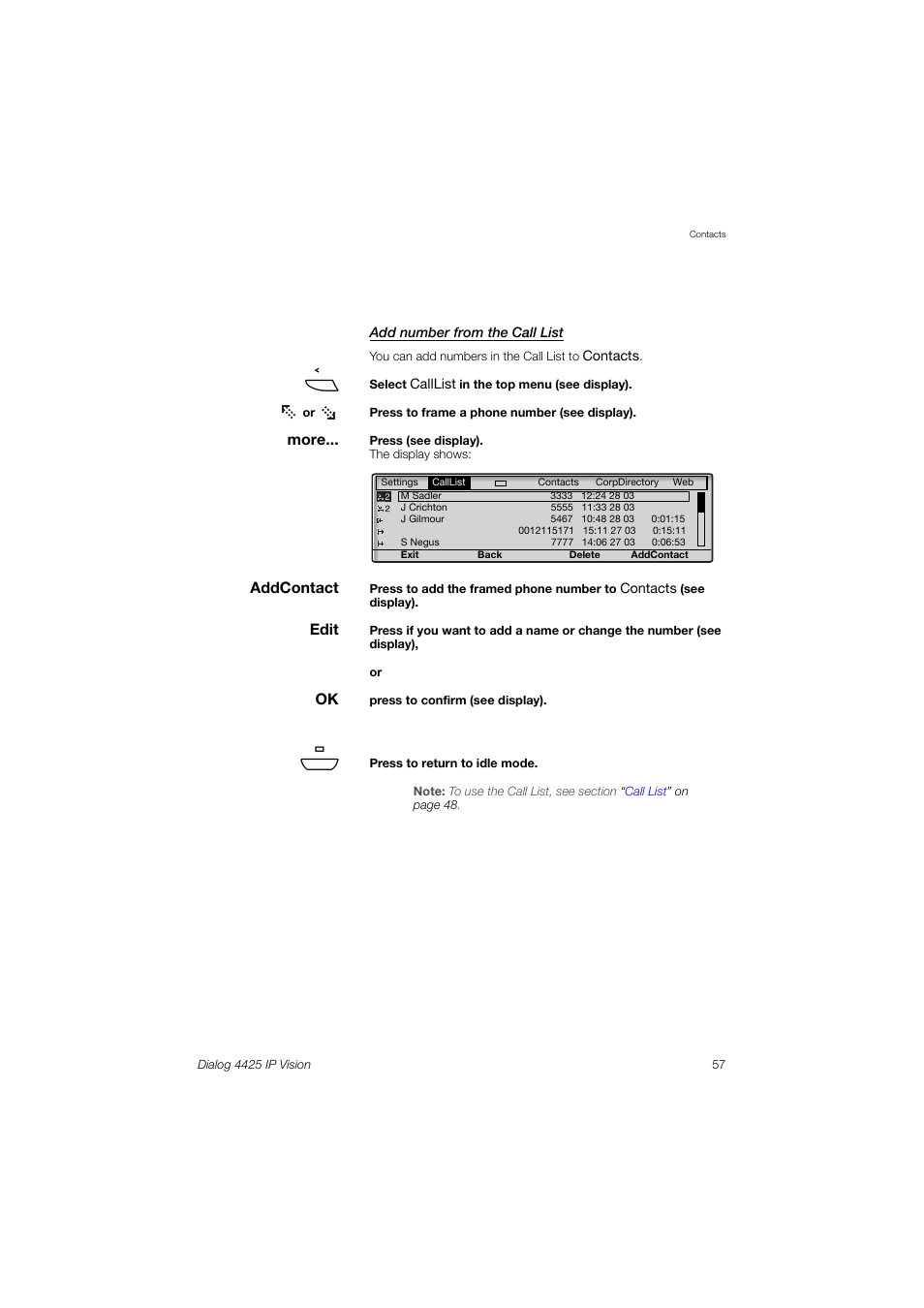 Number from the call list, Add number from the call list | AASTRA 4425 IP Vision (SIP) for MX-ONE User Guide User Manual | Page 56 / 134