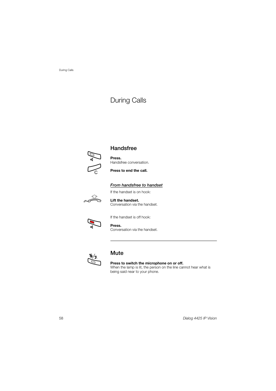 During calls, Handsfree, Mute | Ction | AASTRA 4425 IP Vision (SIP) for MX-ONE User Guide User Manual | Page 57 / 134