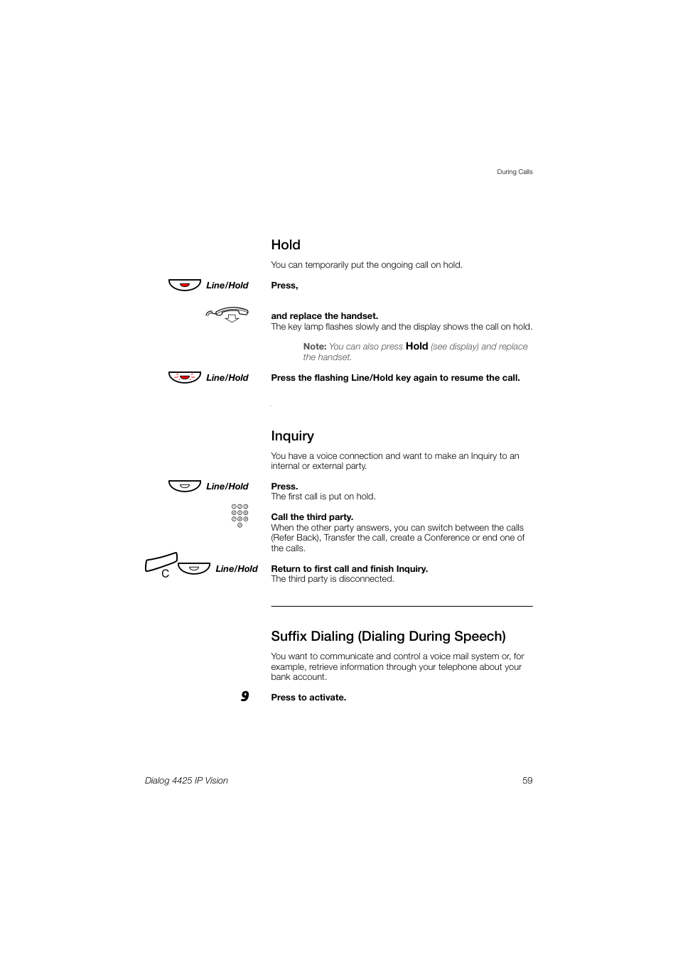 Hold, Inquiry, Suffix dialing (dialing during speech) | AASTRA 4425 IP Vision (SIP) for MX-ONE User Guide User Manual | Page 58 / 134