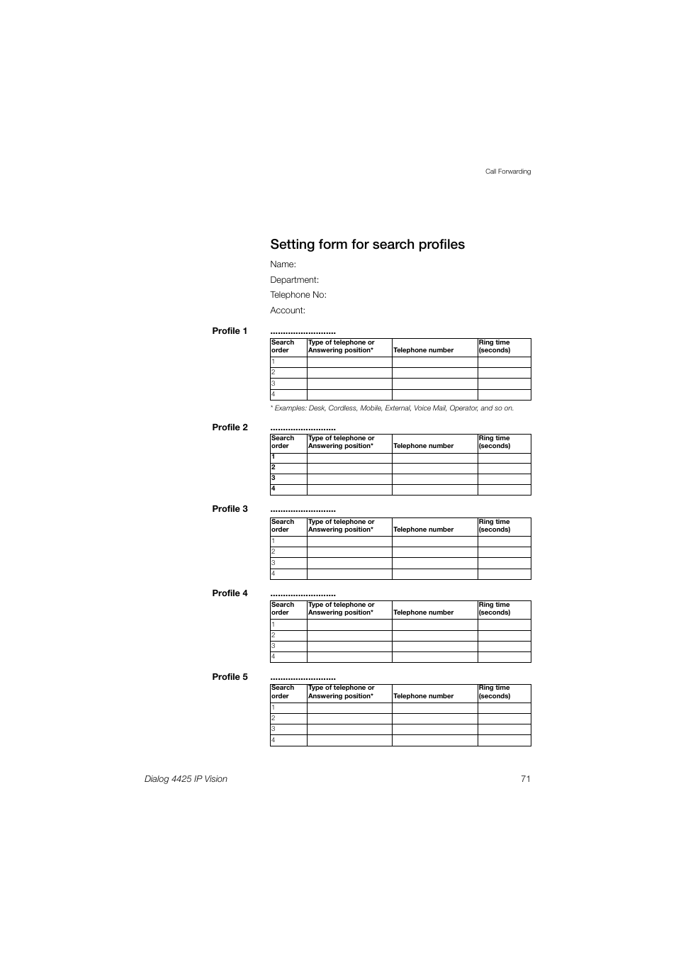 Setting form for search profiles | AASTRA 4425 IP Vision (SIP) for MX-ONE User Guide User Manual | Page 70 / 134
