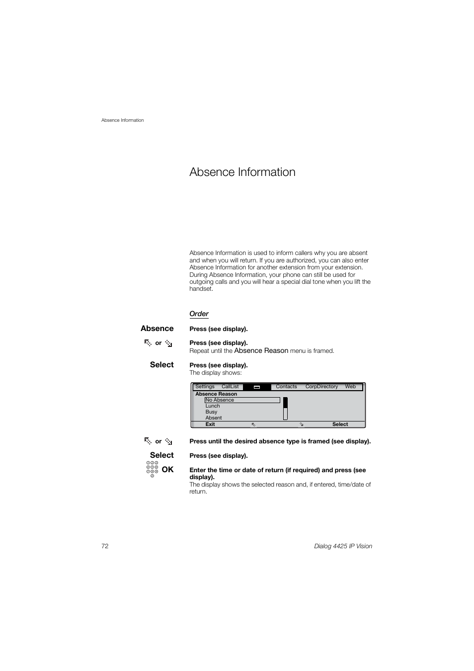 Absence information | AASTRA 4425 IP Vision (SIP) for MX-ONE User Guide User Manual | Page 71 / 134