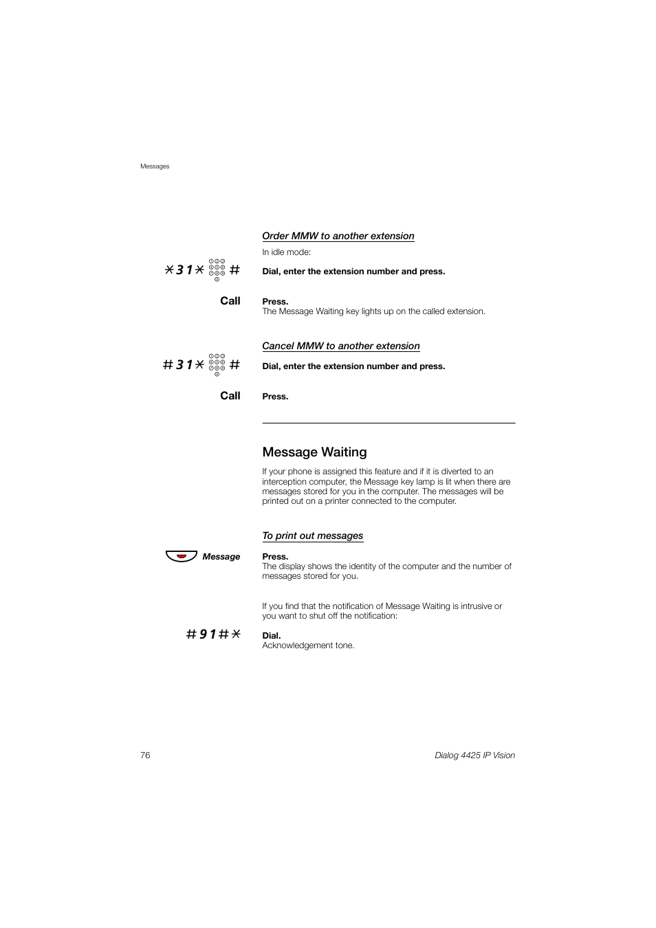 Message waiting, 31* z | AASTRA 4425 IP Vision (SIP) for MX-ONE User Guide User Manual | Page 75 / 134