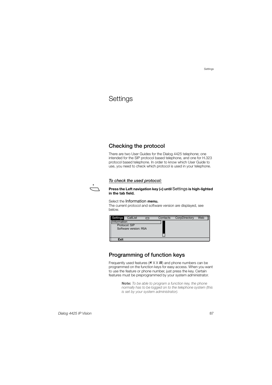 Settings, Checking the protocol, Programming of function keys | Ions, Section, Programming of, Function keys | AASTRA 4425 IP Vision (SIP) for MX-ONE User Guide User Manual | Page 86 / 134