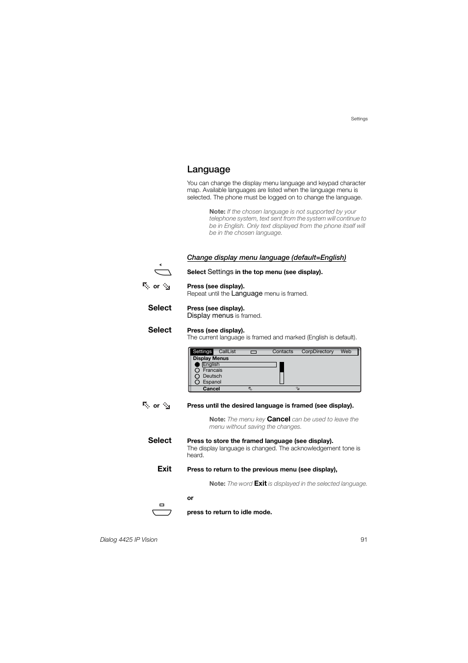 Language | AASTRA 4425 IP Vision (SIP) for MX-ONE User Guide User Manual | Page 90 / 134