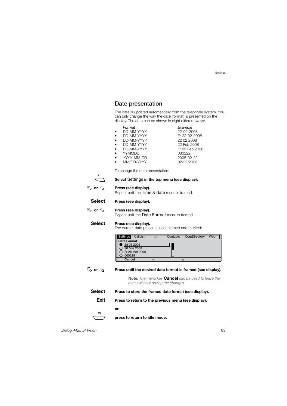 Date presentation | AASTRA 4425 IP Vision (SIP) for MX-ONE User Guide User Manual | Page 92 / 134