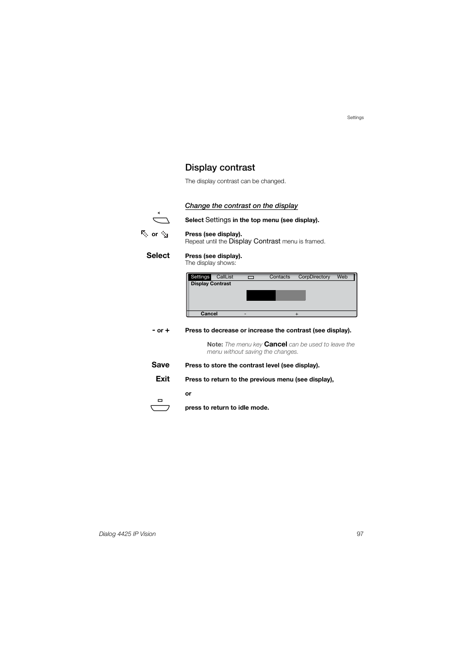 Display contrast | AASTRA 4425 IP Vision (SIP) for MX-ONE User Guide User Manual | Page 96 / 134