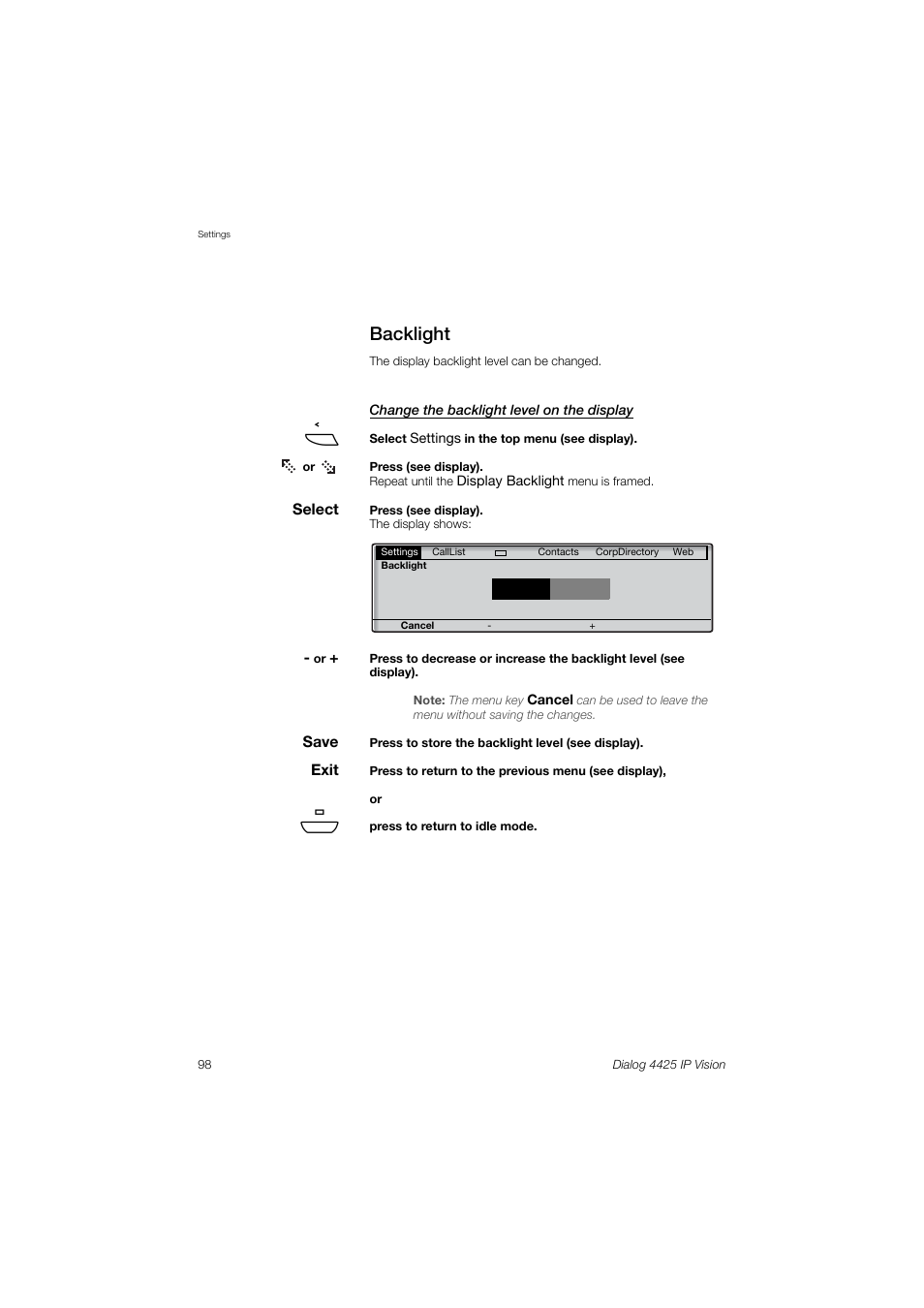 Backlight | AASTRA 4425 IP Vision (SIP) for MX-ONE User Guide User Manual | Page 97 / 134
