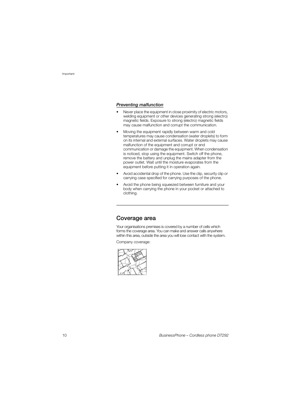 Preventing malfunction, Coverage area | AASTRA DT292 for BusinessPhone User Guide EN User Manual | Page 10 / 121