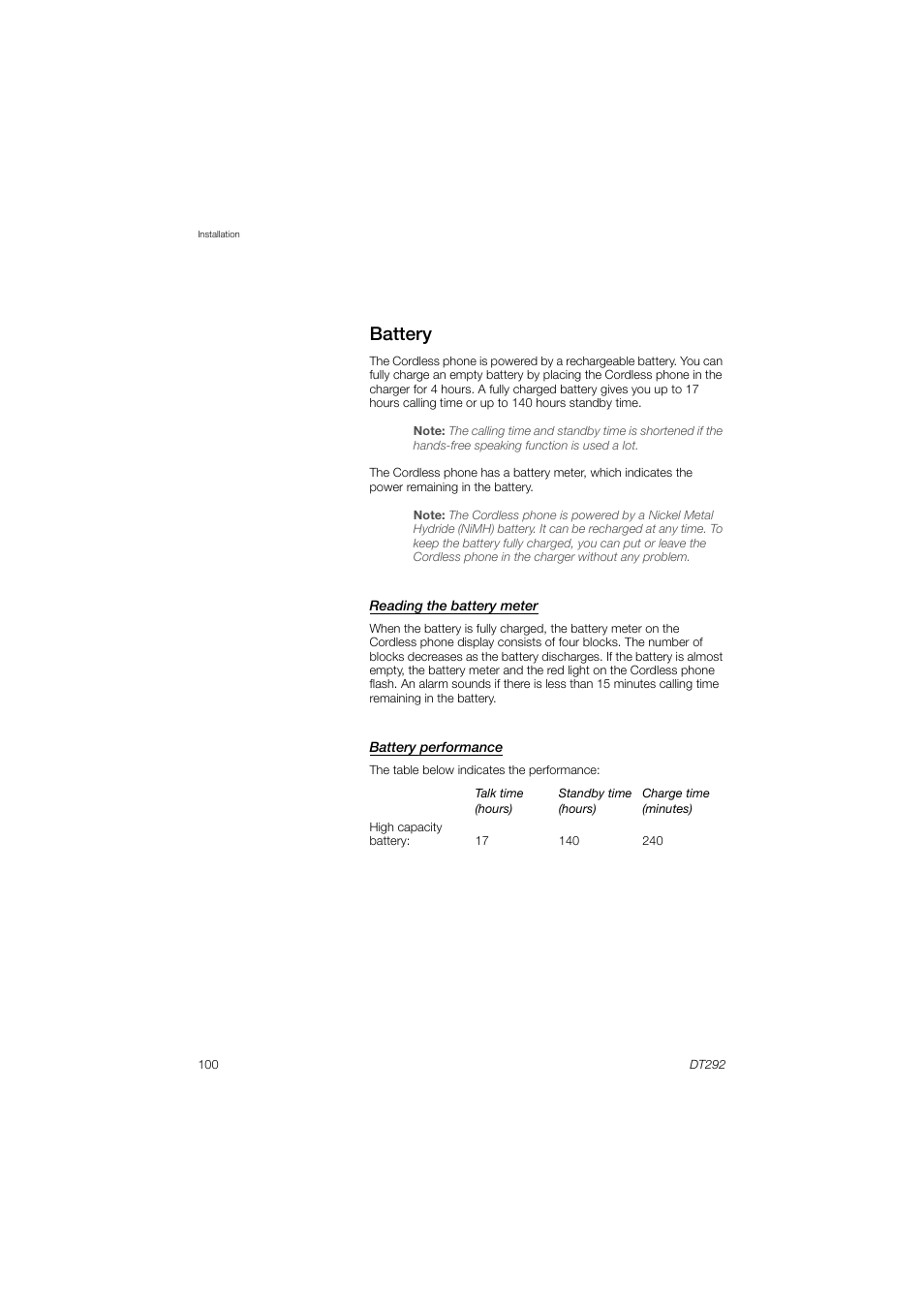 Battery, Reading the battery meter, Battery performance | AASTRA DT292 for BusinessPhone User Guide EN User Manual | Page 100 / 121