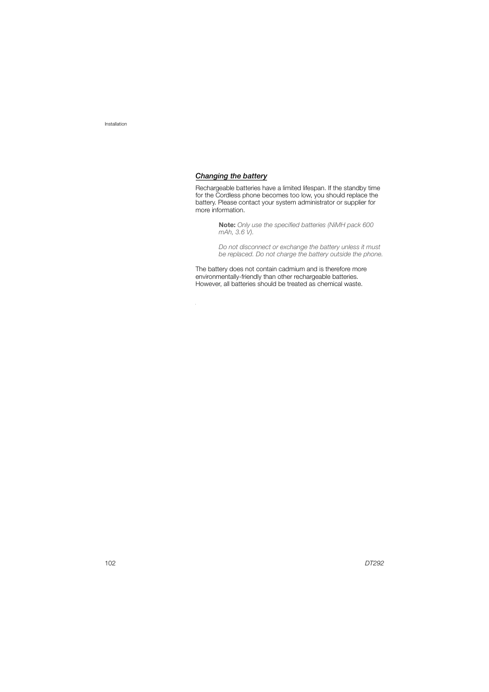 Changing the battery | AASTRA DT292 for BusinessPhone User Guide EN User Manual | Page 102 / 121