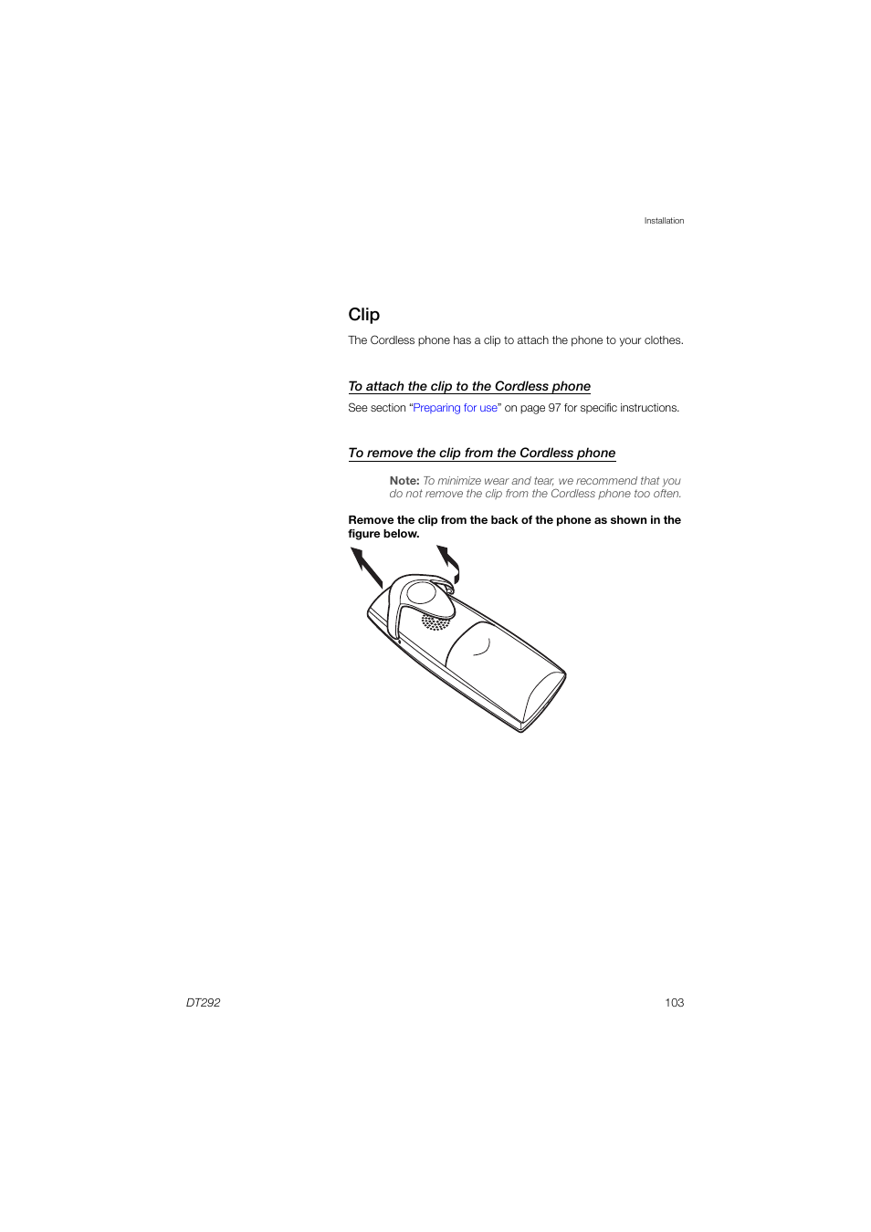 Clip, To attach the clip to the cordless phone, To remove the clip from the cordless phone | AASTRA DT292 for BusinessPhone User Guide EN User Manual | Page 103 / 121
