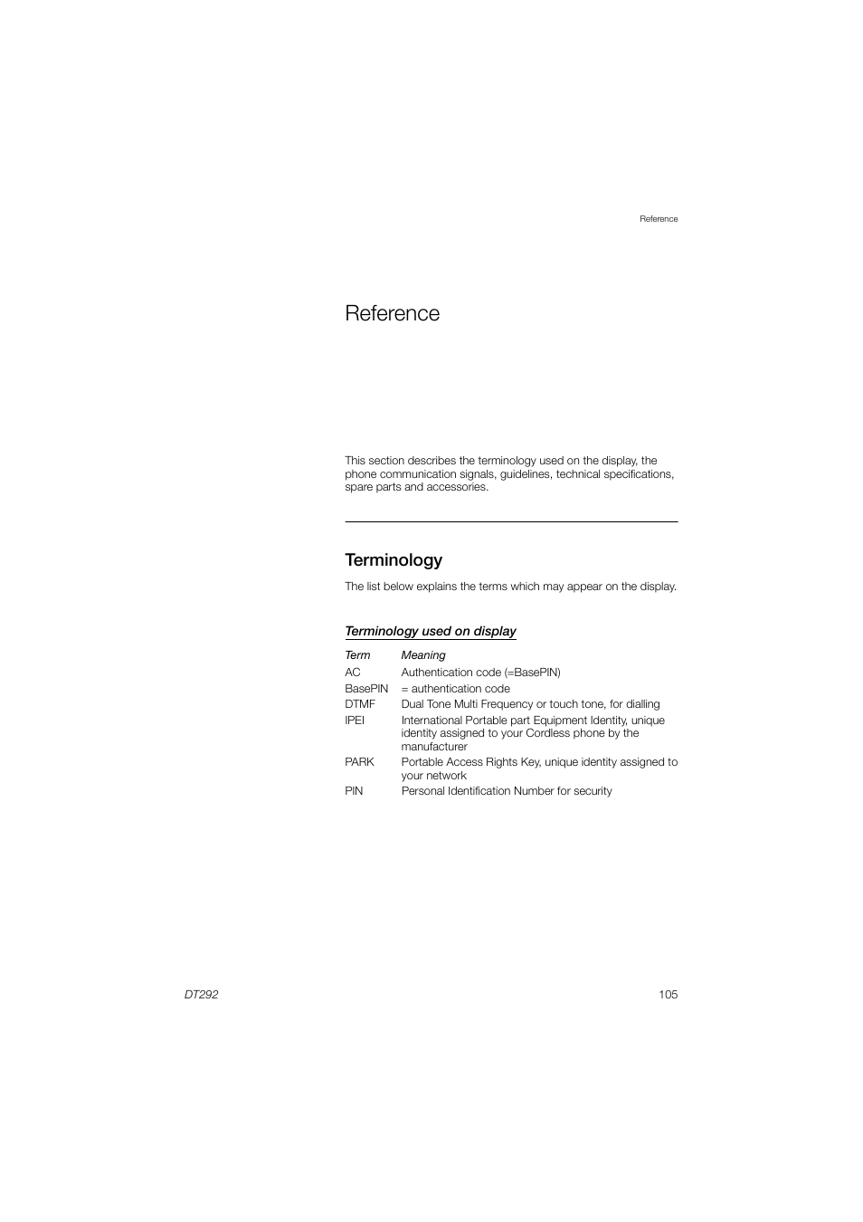 Reference, Terminology, Terminology used on display | AASTRA DT292 for BusinessPhone User Guide EN User Manual | Page 105 / 121