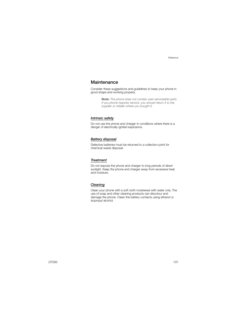 Maintenance, Intrinsic safety, Battery disposal | Treatment, Cleaning | AASTRA DT292 for BusinessPhone User Guide EN User Manual | Page 107 / 121