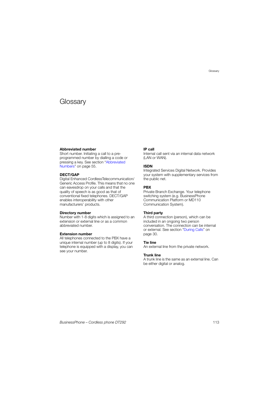 Glossary | AASTRA DT292 for BusinessPhone User Guide EN User Manual | Page 113 / 121