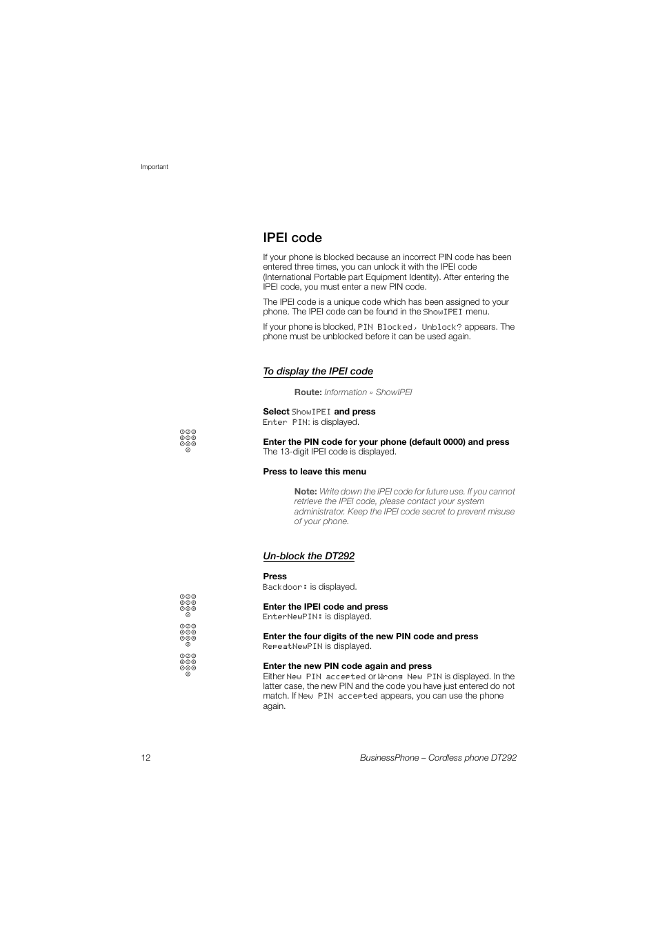 Ipei code, To display the ipei code, Un-block the dt292 | AASTRA DT292 for BusinessPhone User Guide EN User Manual | Page 12 / 121