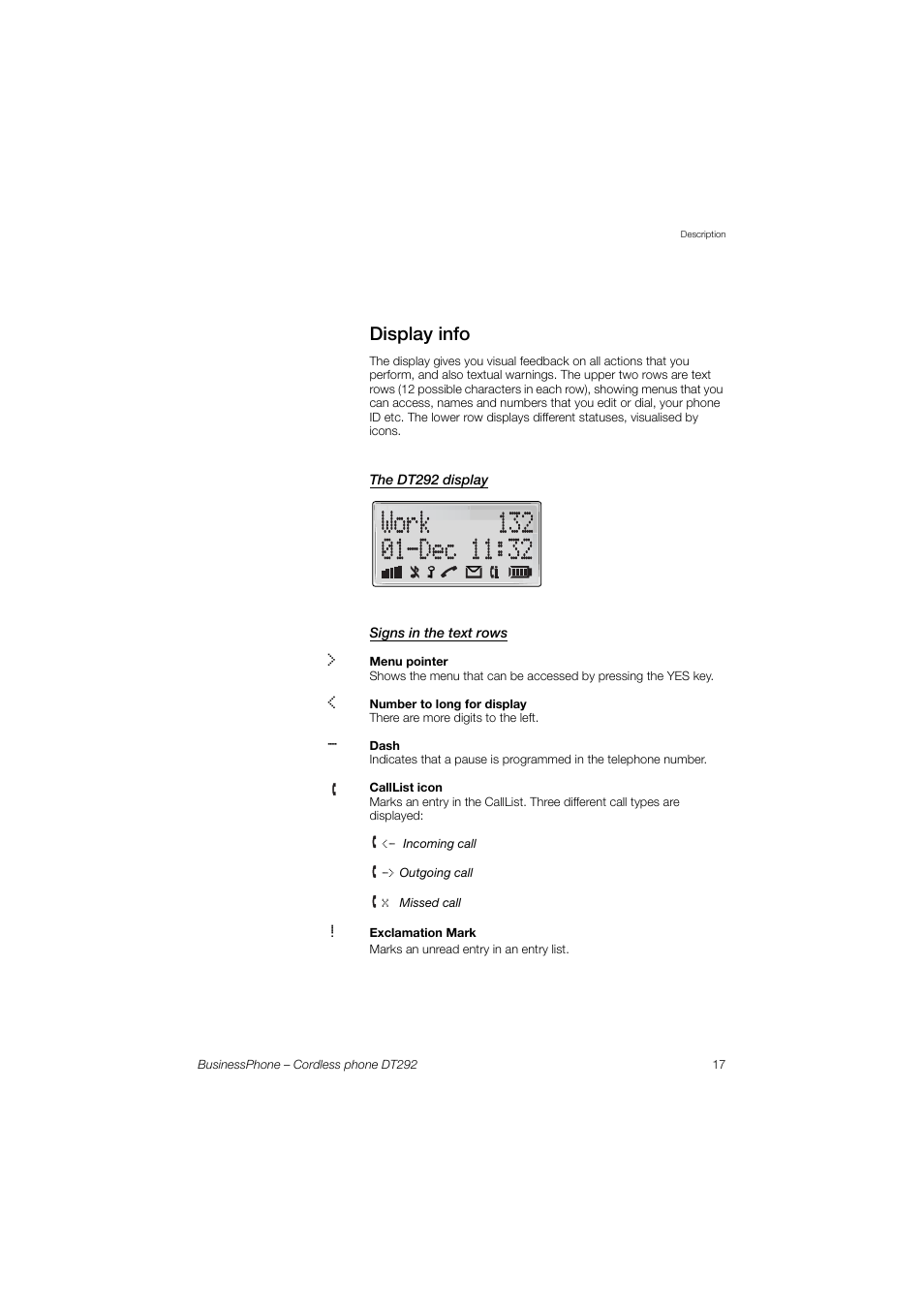 Display info, The dt292 display, Signs in the text rows | AASTRA DT292 for BusinessPhone User Guide EN User Manual | Page 17 / 121