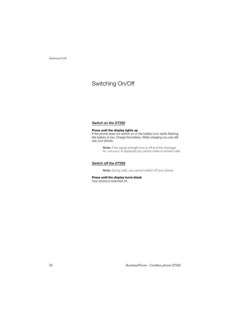 Switching on/off, Switch on the dt292, Switch off the dt292 | AASTRA DT292 for BusinessPhone User Guide EN User Manual | Page 20 / 121