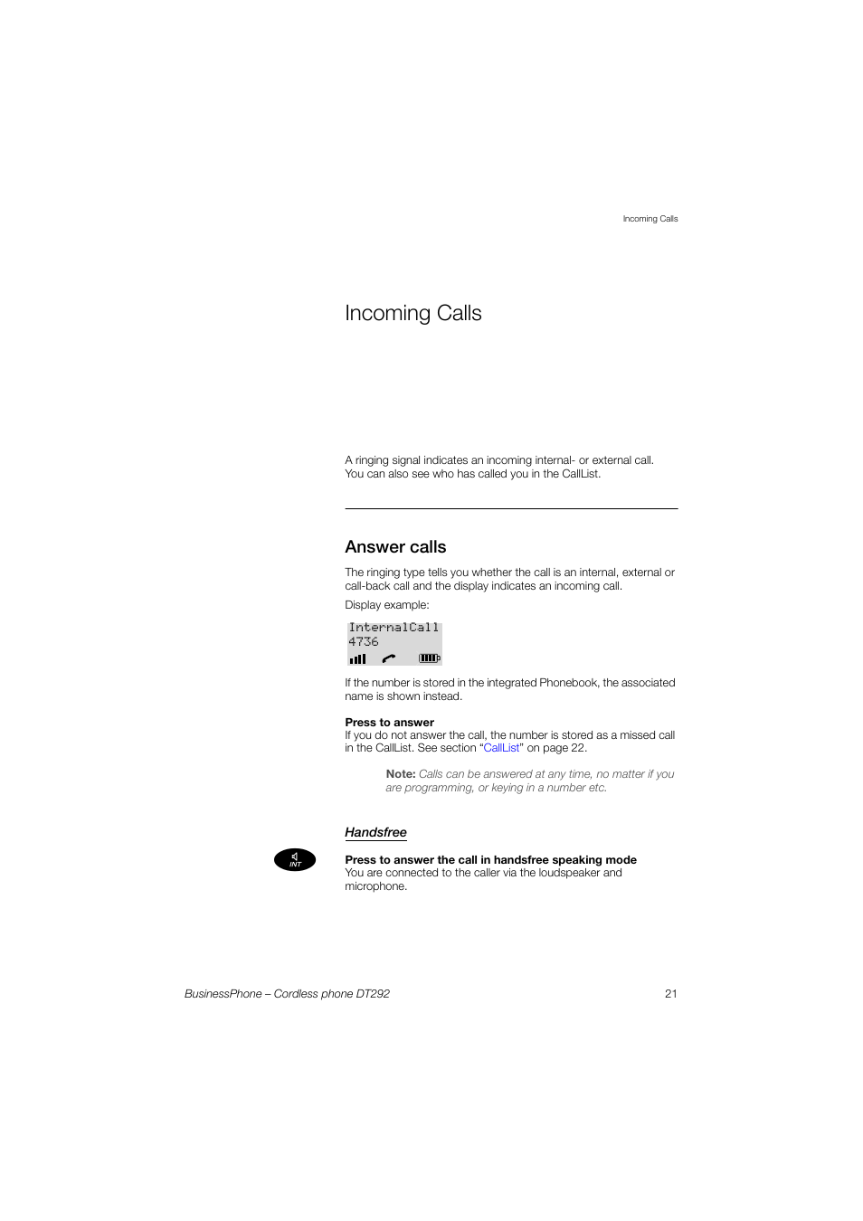 Incoming calls, Answer calls, Handsfree | Sections | AASTRA DT292 for BusinessPhone User Guide EN User Manual | Page 21 / 121