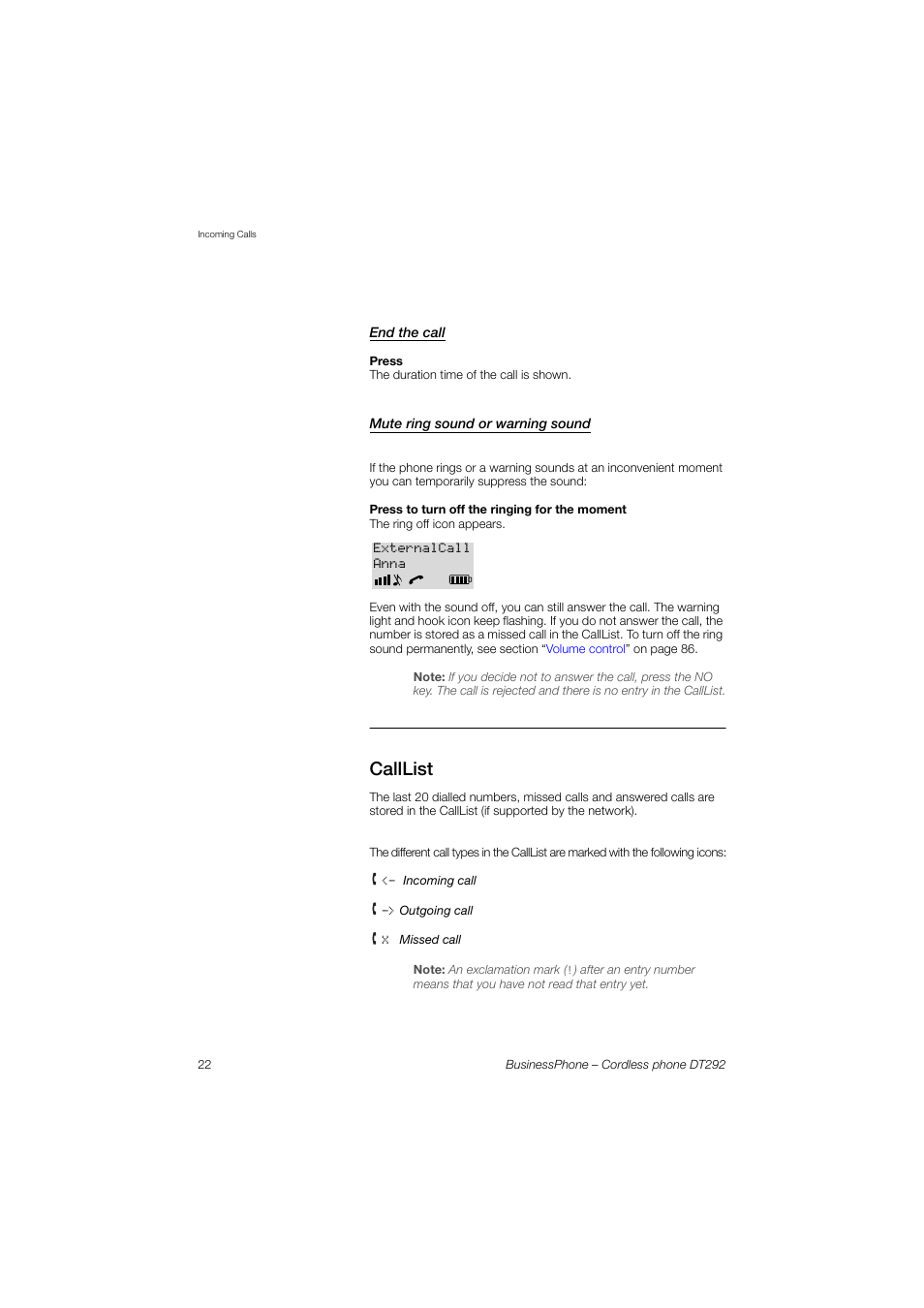 End the call, Mute ring sound or warning sound, Calllist | AASTRA DT292 for BusinessPhone User Guide EN User Manual | Page 22 / 121