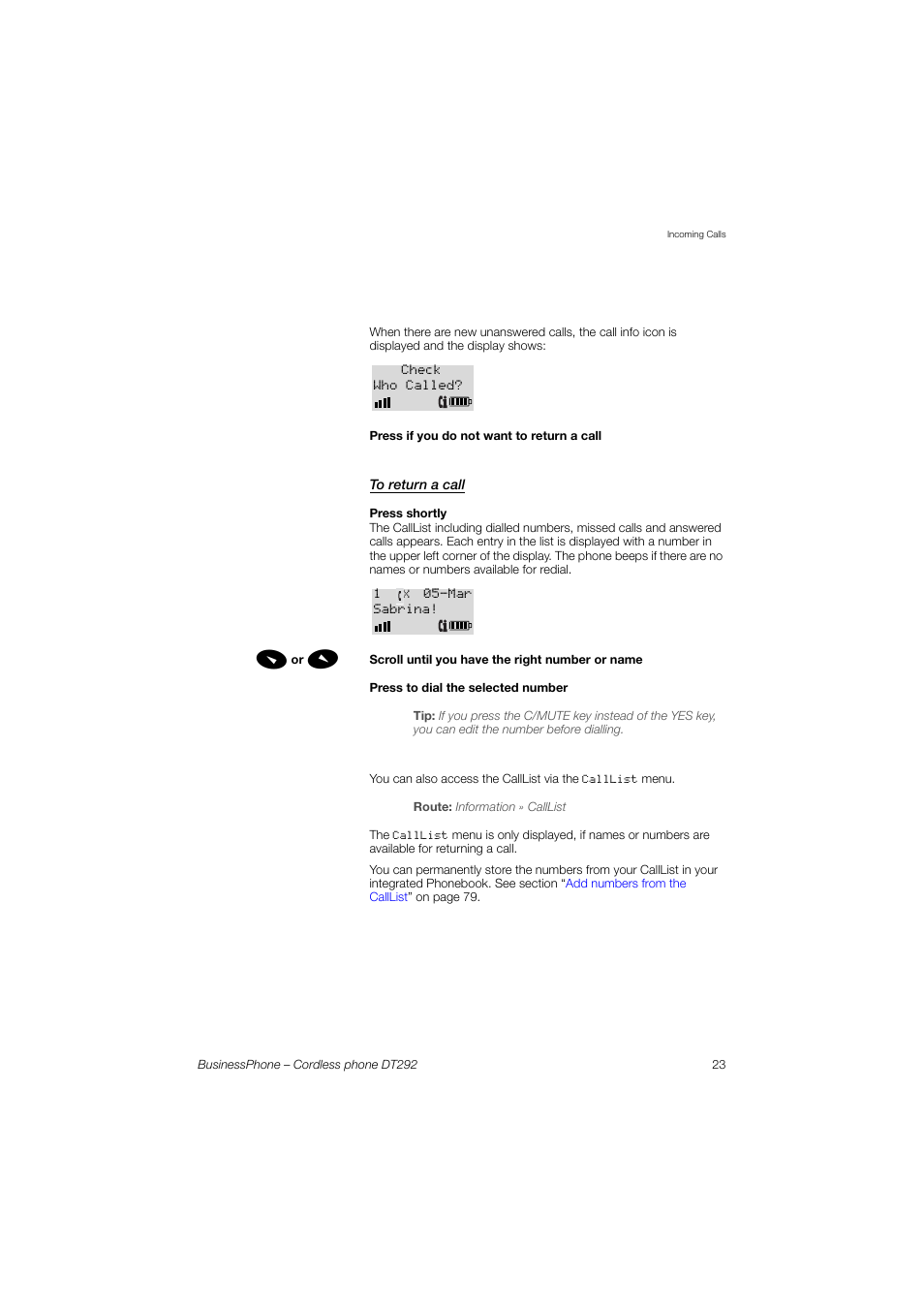 To return a call | AASTRA DT292 for BusinessPhone User Guide EN User Manual | Page 23 / 121