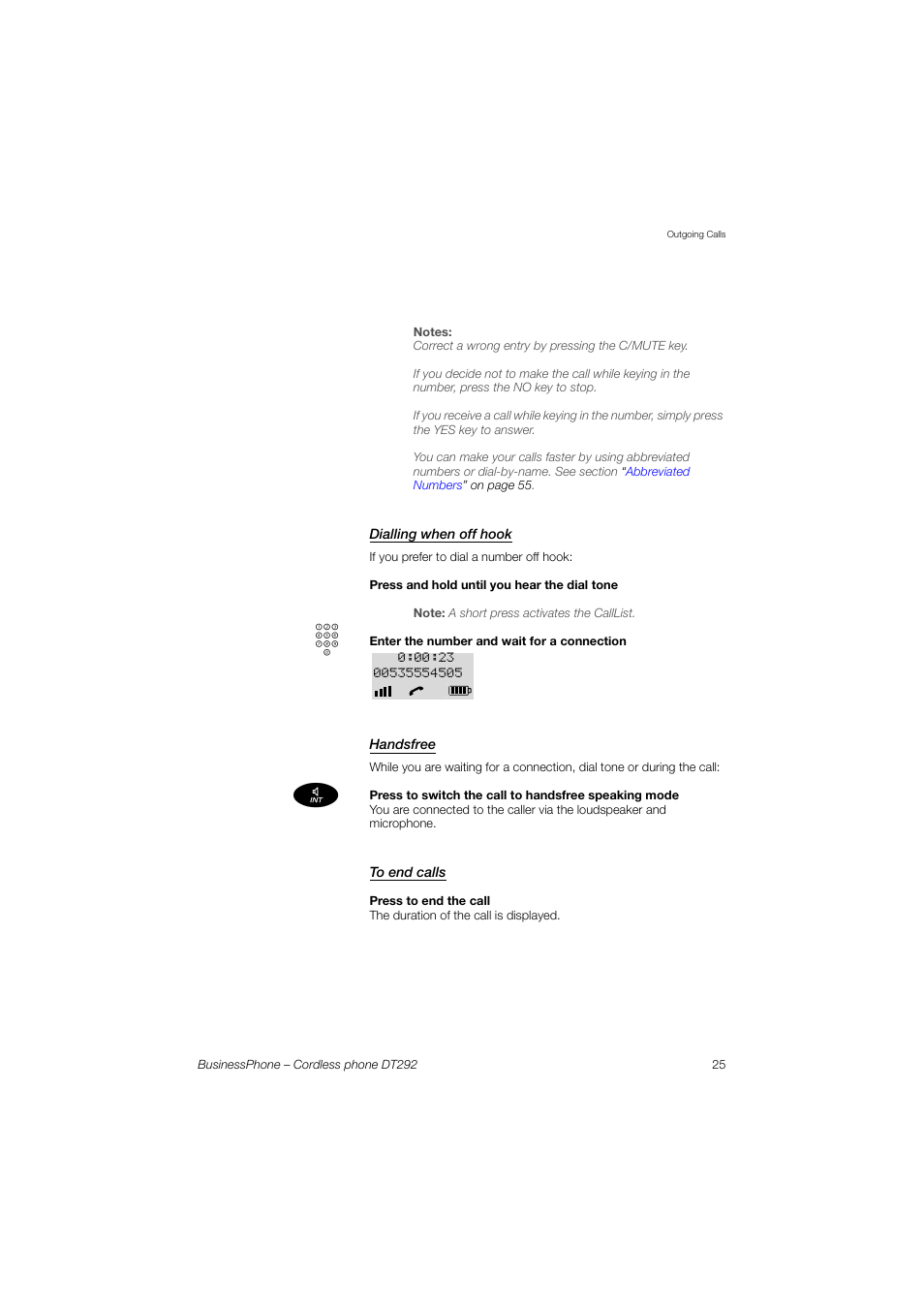 Dialling when off hook, Handsfree, To end calls | AASTRA DT292 for BusinessPhone User Guide EN User Manual | Page 25 / 121