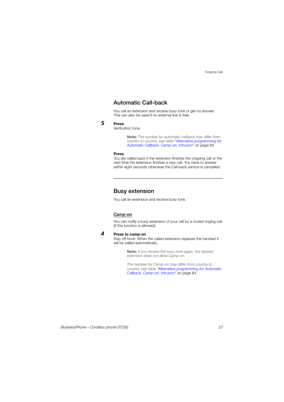 Automatic call-back, Busy extension, Camp-on | AASTRA DT292 for BusinessPhone User Guide EN User Manual | Page 27 / 121