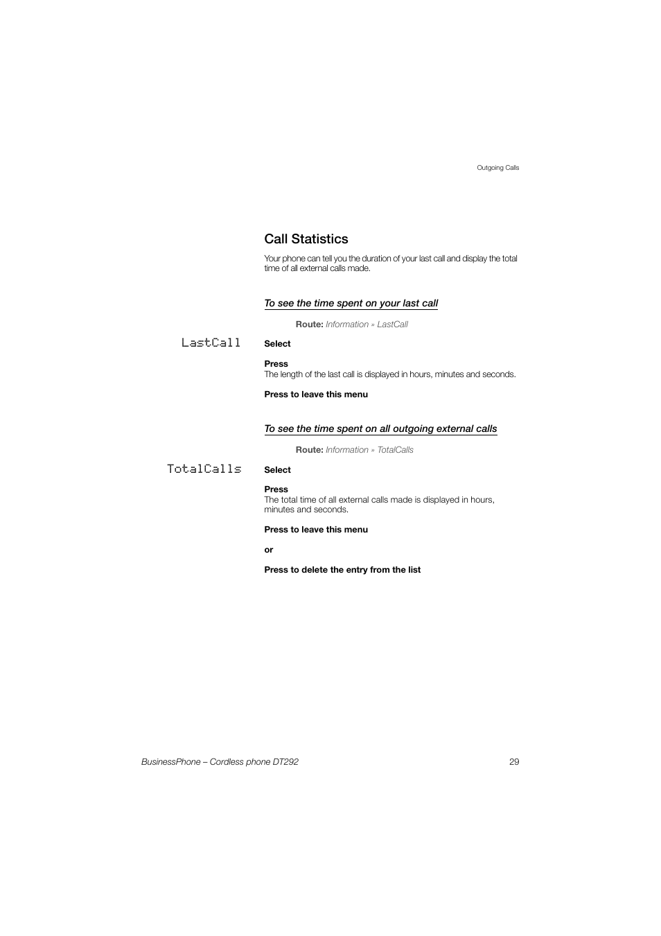 Call statistics, To see the time spent on your last call | AASTRA DT292 for BusinessPhone User Guide EN User Manual | Page 29 / 121
