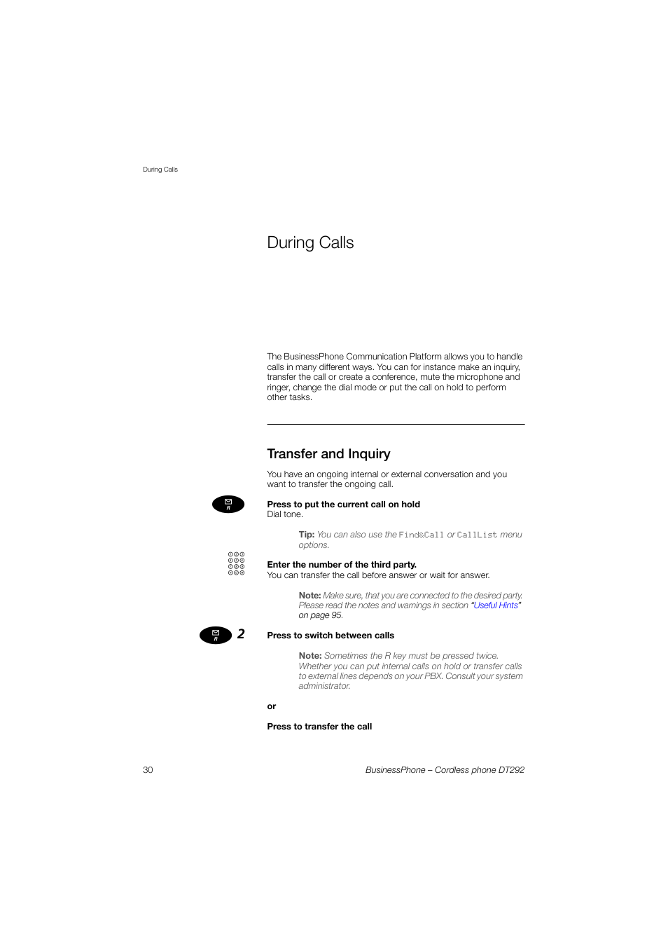 During calls, Transfer and inquiry | AASTRA DT292 for BusinessPhone User Guide EN User Manual | Page 30 / 121