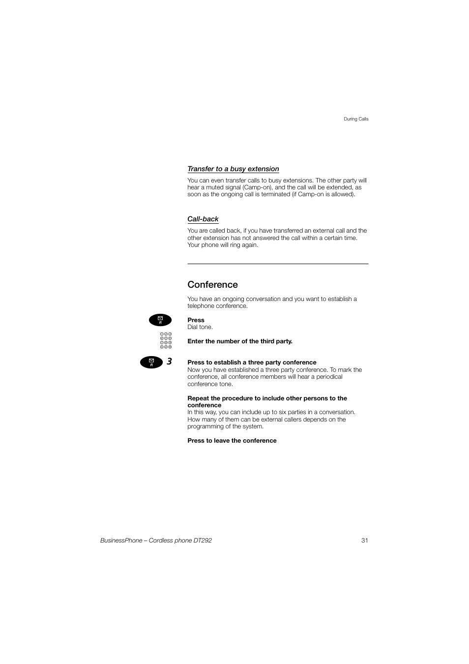 Transfer to a busy extension, Call-back, Conference | AASTRA DT292 for BusinessPhone User Guide EN User Manual | Page 31 / 121