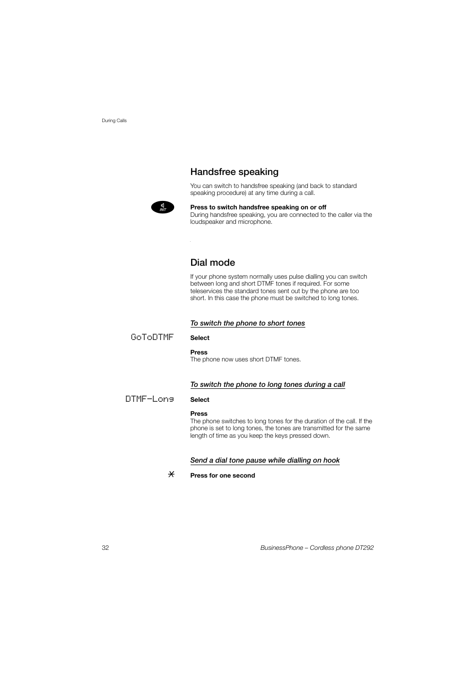 Handsfree speaking, Dial mode, To switch the phone to short tones | To switch the phone to long tones during a call, Send a dial tone pause while dialling on hook | AASTRA DT292 for BusinessPhone User Guide EN User Manual | Page 32 / 121