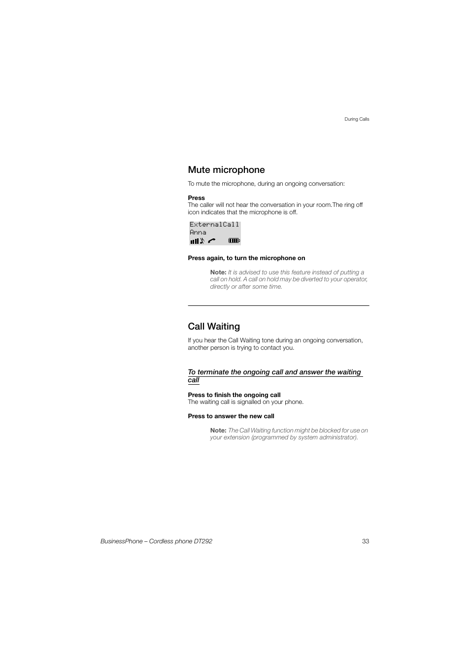 Mute microphone, Call waiting | AASTRA DT292 for BusinessPhone User Guide EN User Manual | Page 33 / 121