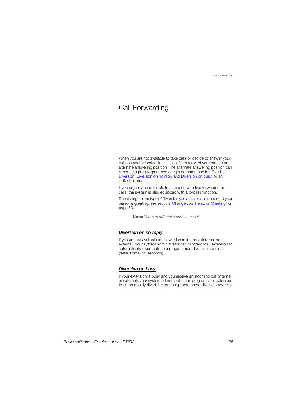 Call forwarding, Diversion on no reply, Diversion on busy | AASTRA DT292 for BusinessPhone User Guide EN User Manual | Page 35 / 121