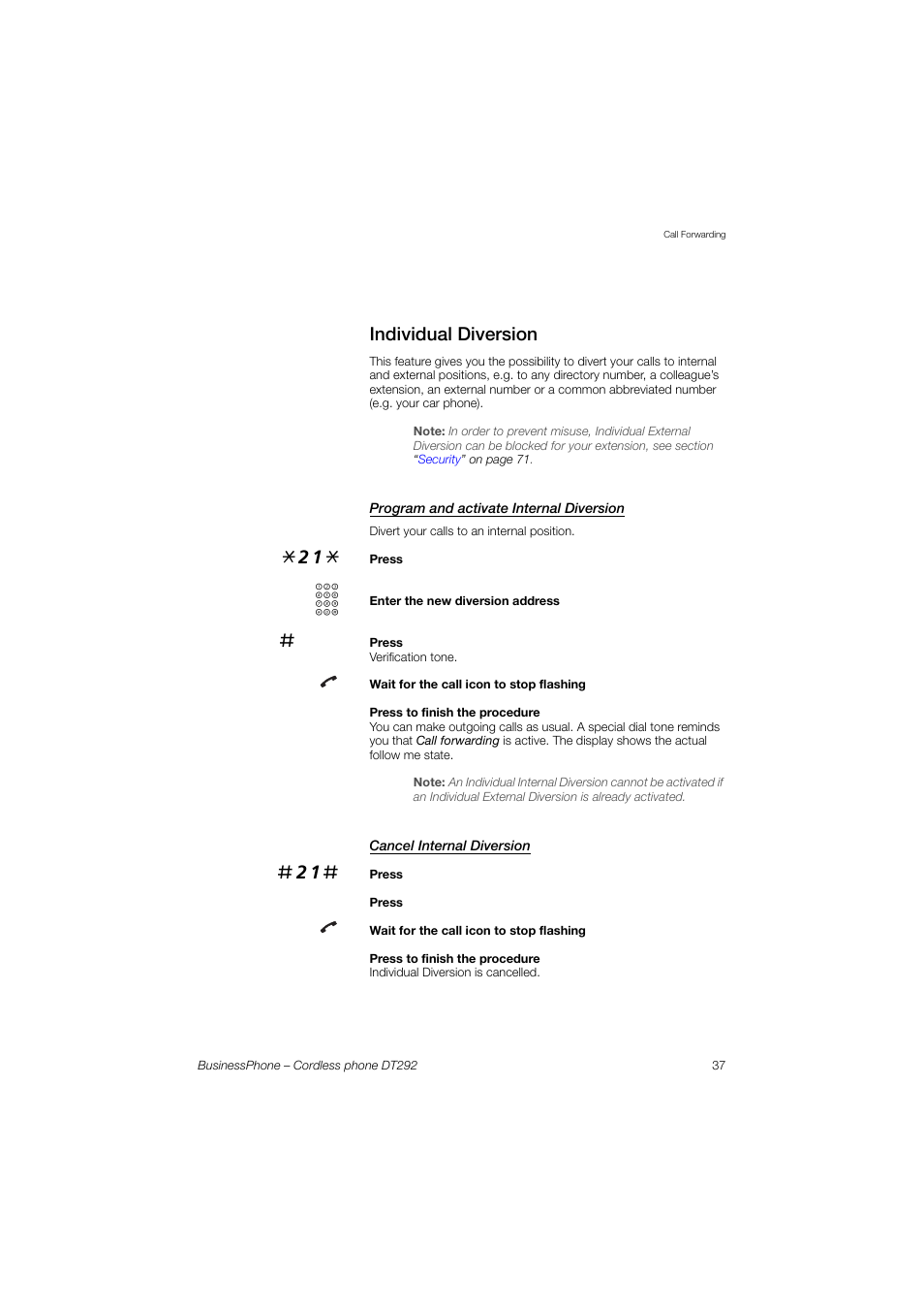 Individual diversion, Program and activate internal diversion, Cancel internal diversion | AASTRA DT292 for BusinessPhone User Guide EN User Manual | Page 37 / 121