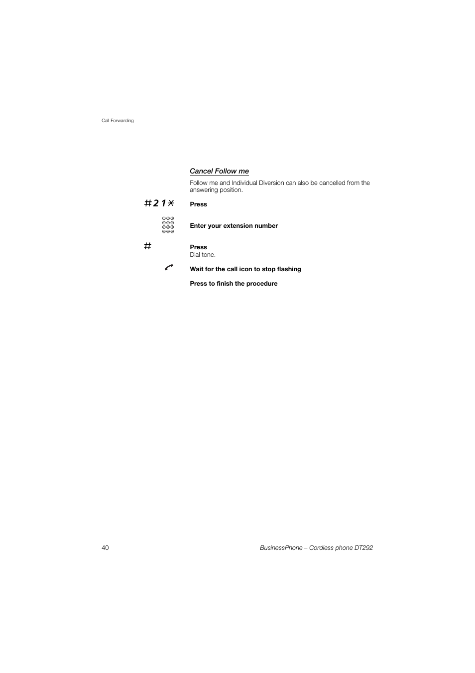 Cancel follow me | AASTRA DT292 for BusinessPhone User Guide EN User Manual | Page 40 / 121