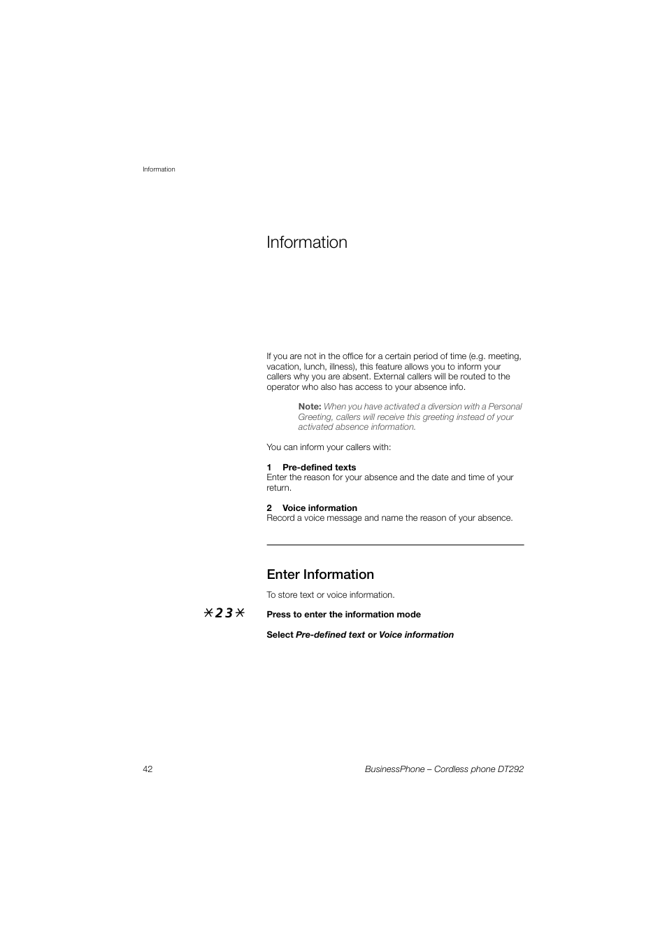 Information, Enter information | AASTRA DT292 for BusinessPhone User Guide EN User Manual | Page 42 / 121
